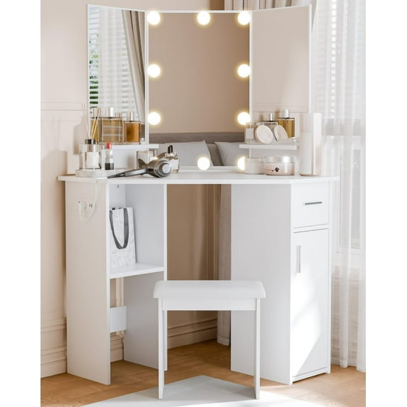 Small Corner Vanity Desk with Mirror and Lights, Bedroom Makeup Vanity Table with Lighted Mirror Sliding Drawers & Storage Cabinet, Charging Station 3 Color Adjustable Vanitys for Girls Women - White