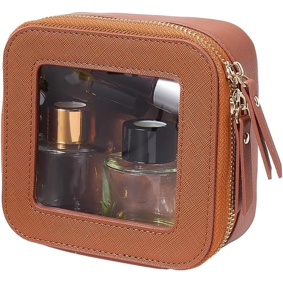 Small Cosmetic Bag Clear Makeup Bag Sienna PU Leather Waterproof Travel Toiletry Box for Purse Portable Make Up Case Organizer Traveling Skincare Pouch with Golden Double Zipper Sienna
