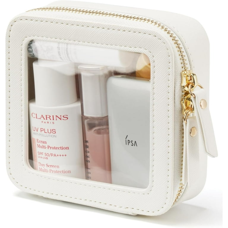 Small Cosmetic Bag for Purse Mini Makeup Bag for School Cute Clear Make Up Pouch for Travel Tiny Leather White Make Up Organizer Case for Backpack Toiletry Bag Waterproof Square Pouch with