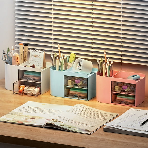 Small Cosmetic Organizer Drawer Box, Plastic Storage with 3 Drawers, 18x9.5x10.5cm White Blue Pink, Non-slip & Easy Clean for Makeup Vanity and Office Desk Accessories,Vsgery