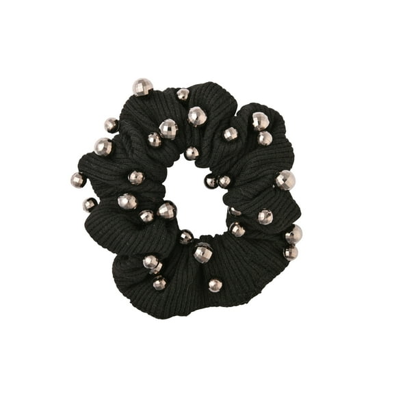 Small Cotton Hair Scrunchie with Decorative Beads (Black with Silver Beads)