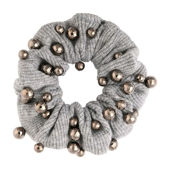 Small Cotton Hair Scrunchie with Decorative Beads (Grey with Silver Beads)