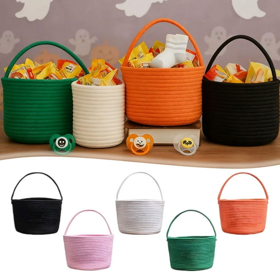 Small Cotton Rope Basket with Handle Pink Woven Storage Basket 9.45” x 7.09” Little Gift Basket for Baby Shower, Easter, Christmas Yellow