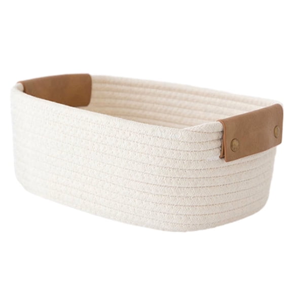 Small Cotton Woven Basket with PU Leather Handle, Baby Kids Clothes Toys Candy Gifts Cotton Rope Organizer, Living Room Basket Bathroom Shower Storage Basket, White,11"x8.6"x4.3"