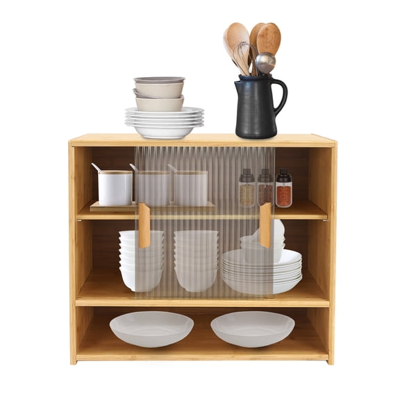 Small Countertop Kitchen Pantry, Bamboo Pantry Sideboard with 2 Sliding Doors Freestanding Kitchen Countertop Storage Cabinet for Spice Dishes Bowls Seasoning Bottles