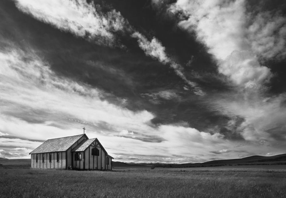 Small Country Church In Grass Field In Black And White Canvas Art - Darren Greenwood Design Pics (16 x 11)