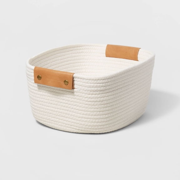 Small Cream Tapered Basket, 13 Inch Square Base Decorative Coiled Rope Basket