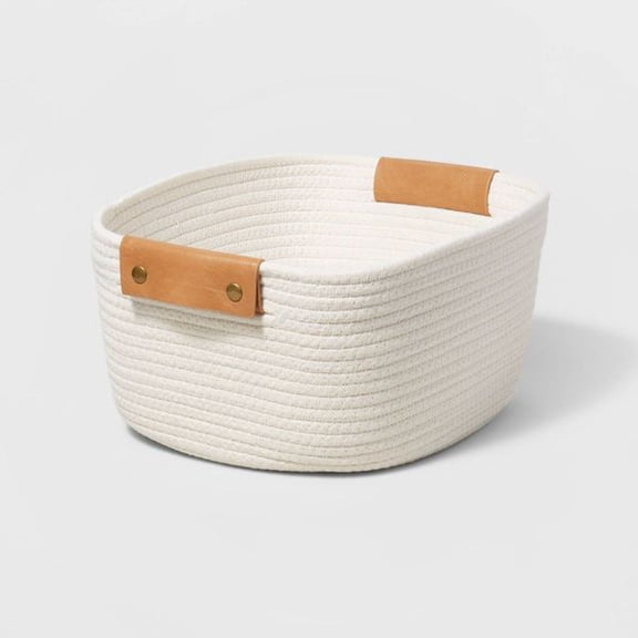 Small Cream Tapered Basket, 13 Inch Square Base Decorative Coiled Rope Basket