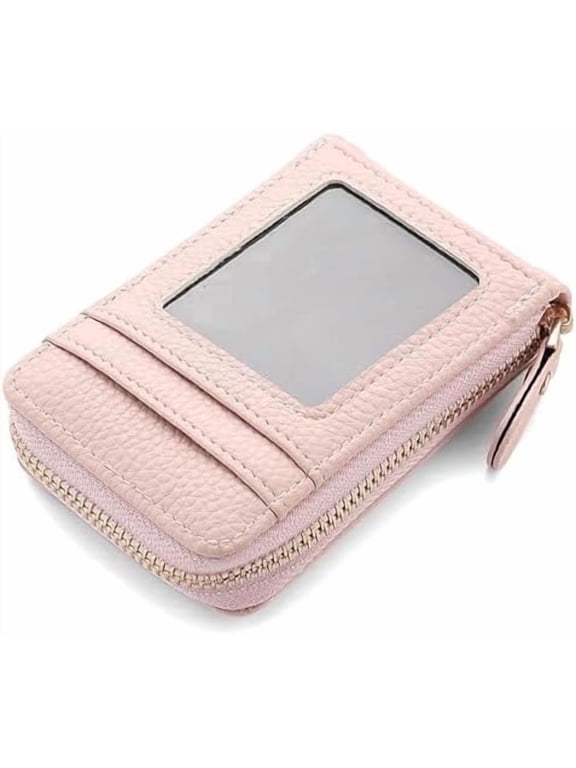 RFID Blocking Accordion Card Wallet for Women, Lightweight Vegan Leather Small Zipper Credit Card Holder with ID Window, Pink