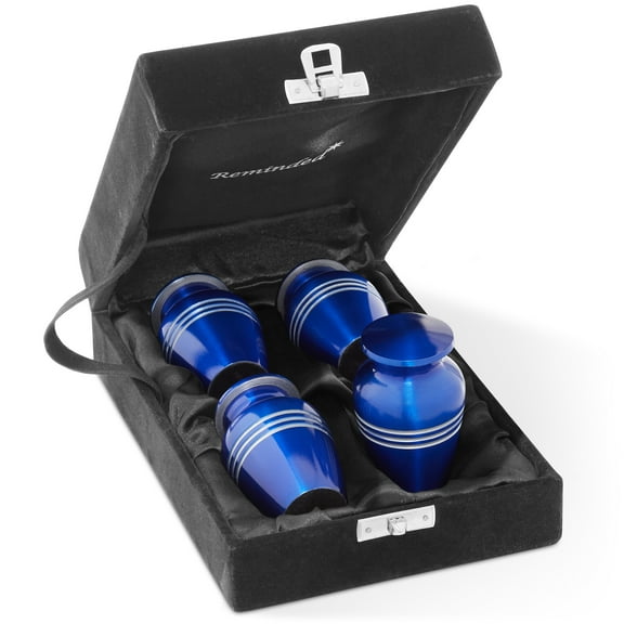 Small Cremation Keepsake Urns for Human Ashes, Set of 4 Blue and Silver Stripe Miniature Urns