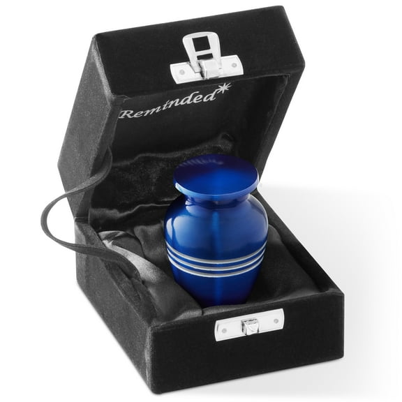 Small Cremation Memorial Urn for Human Ashes, Blue with Silver Stripe Keepsake Urn