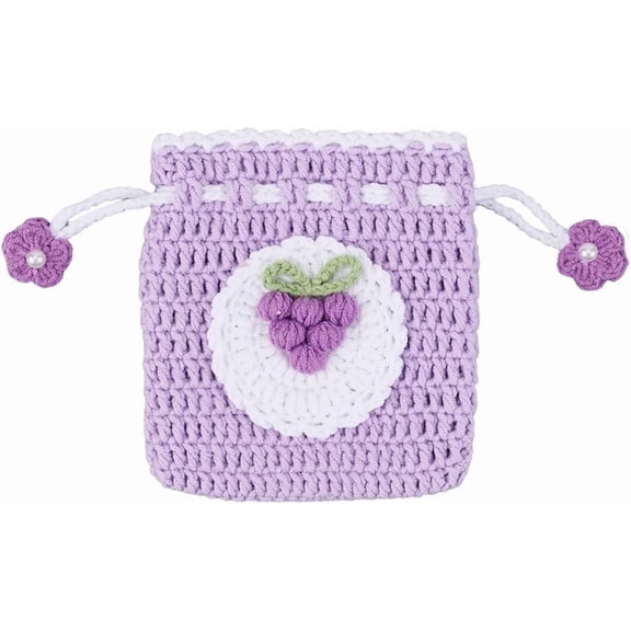 Small Crochet Drawstring Bags Handmade Small Crochet Purse Purple Cartoon Grapes Imitation Pearl Knitted Storage Bag Kawaii Coin Pouch Knitting Change Wallet Handbag for Women Girls Brown