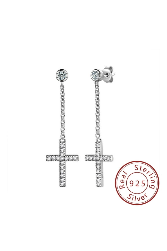 925 Sterling Silver Cross Earrings Long Hanging Dangle Earring Round Zirconia Christian Religious Jewelry Women Easter Gifts