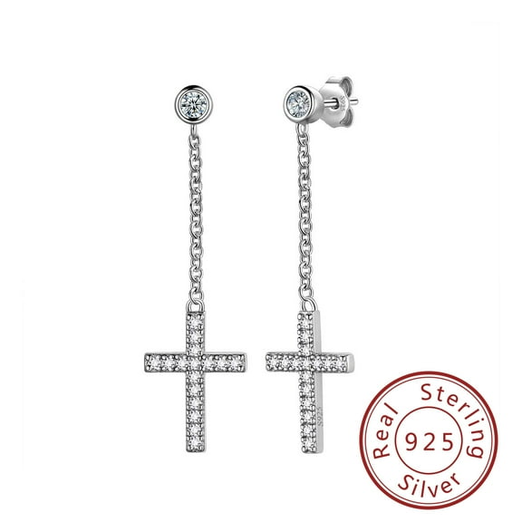 925 Sterling Silver Cross Earrings Long Hanging Dangle Earring Round Zirconia Christian Religious Jewelry Women Easter Gifts