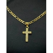 PRIMEJEWELRY269 Small Cross Necklace Pendant CZ 14K Gold Filled Newborn Crucifix Figaro Chain 17x10mm Cadena De Cruz
