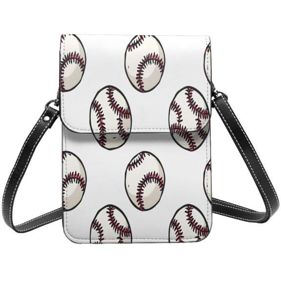 Small Crossbody Bag For Women Men Leather Cell Phone Purse Travel Pouch Shoulder Bag Baseball Theme Sporty Dynamic White Baseballs With Red Stitching