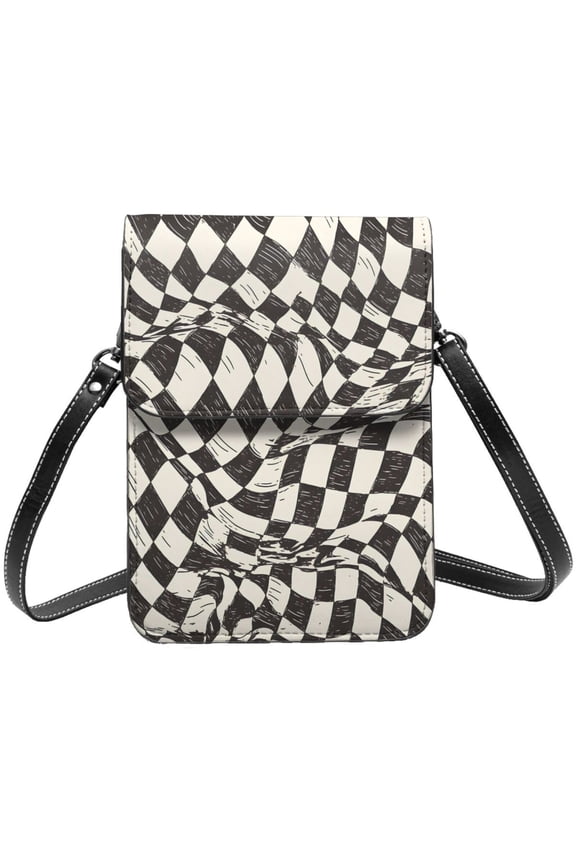 Small Crossbody Bag For Women Men Leather Cell Phone Purse Travel Pouch Shoulder Bag Black White Checked Hand-Drawn Sketch2