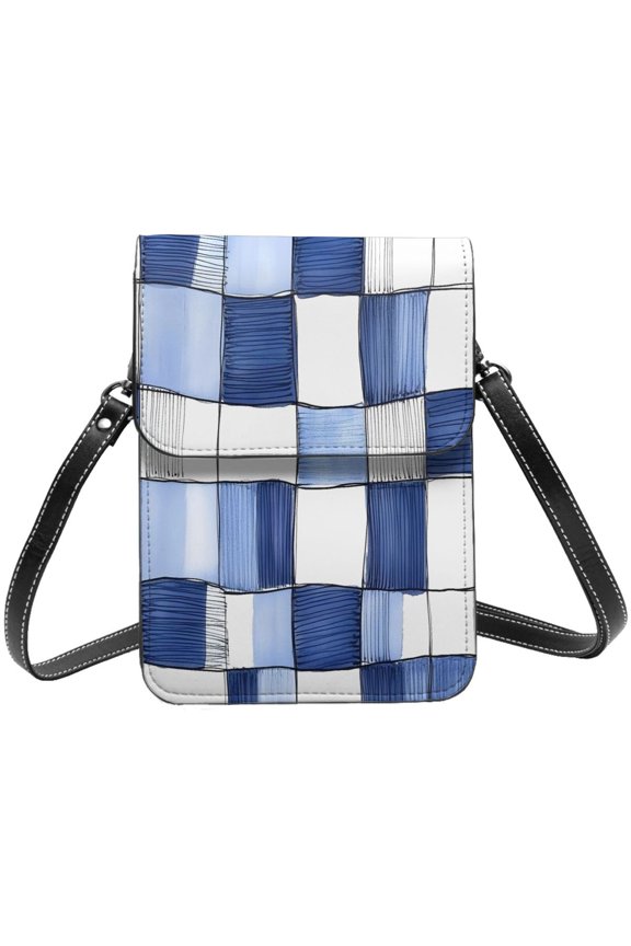 Small Crossbody Bag For Women Men Leather Cell Phone Purse Travel Pouch Shoulder Bag Cornflowerblue Checked Hand-Drawn Sketch_4