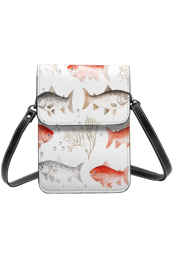 Small Crossbody Bag For Women Men Leather Cell Phone Purse Travel Pouch Shoulder Bag Cute Coho Salmon Fishes
