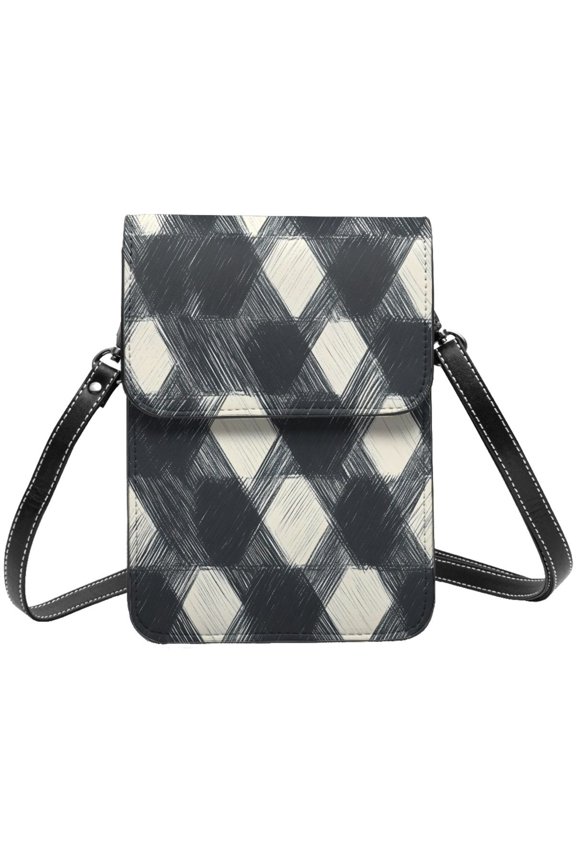 Small Crossbody Bag For Women Men Leather Cell Phone Purse Travel Pouch Shoulder Bag Darkgray Checked Hand-Drawn Sketch_1