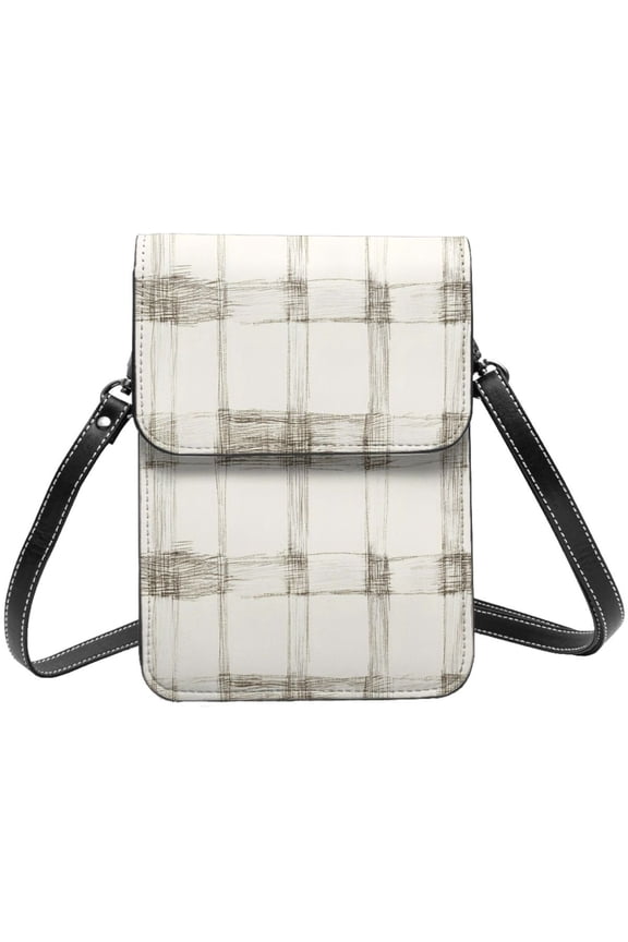Small Crossbody Bag For Women Men Leather Cell Phone Purse Travel Pouch Shoulder Bag Ivory Checked Hand-Drawn Sketch_2