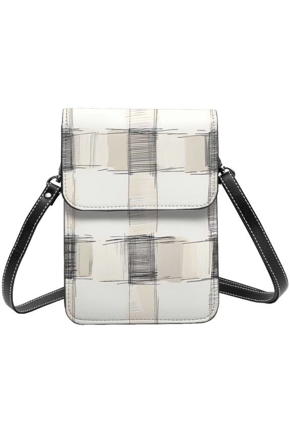 Small Crossbody Bag For Women Men Leather Cell Phone Purse Travel Pouch Shoulder Bag Ivory Checked Hand-Drawn Sketch_3