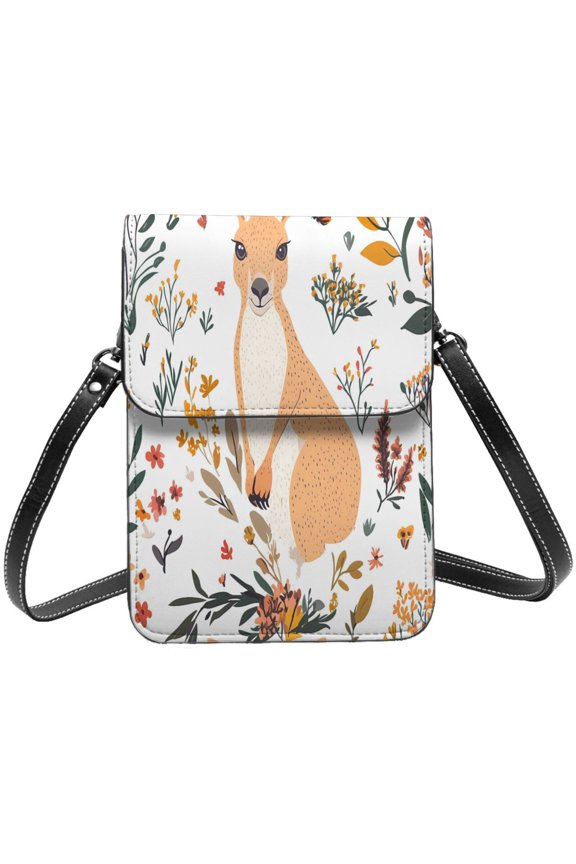 Small Crossbody Bag For Women Men Leather Cell Phone Purse Travel Pouch Shoulder Bag Kangaroo And Flower
