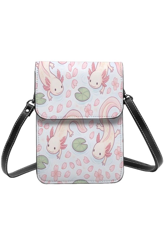Small Crossbody Bag For Women Men Leather Cell Phone Purse Travel Pouch Shoulder Bag Sakura Pond Axolotls - Japanese Pastel