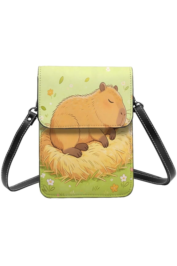 Small Crossbody Bag For Women Men Leather Cell Phone Purse Travel Pouch Shoulder Bag Sleeping Capybara