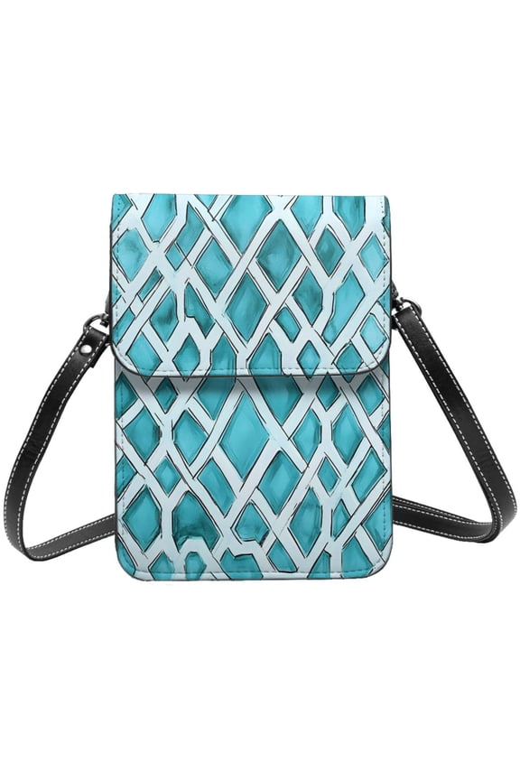 Small Crossbody Bag For Women Men Leather Cell Phone Purse Travel Pouch Shoulder Bag Turquoise Moroccan Trellis Hand-Drawn Sketch_3