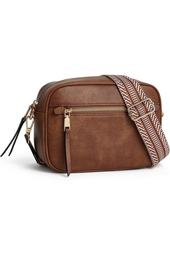 Small Crossbody Bag for Women Triple Pockets Vegan Leather Camera Purse with Long Guitar Strap