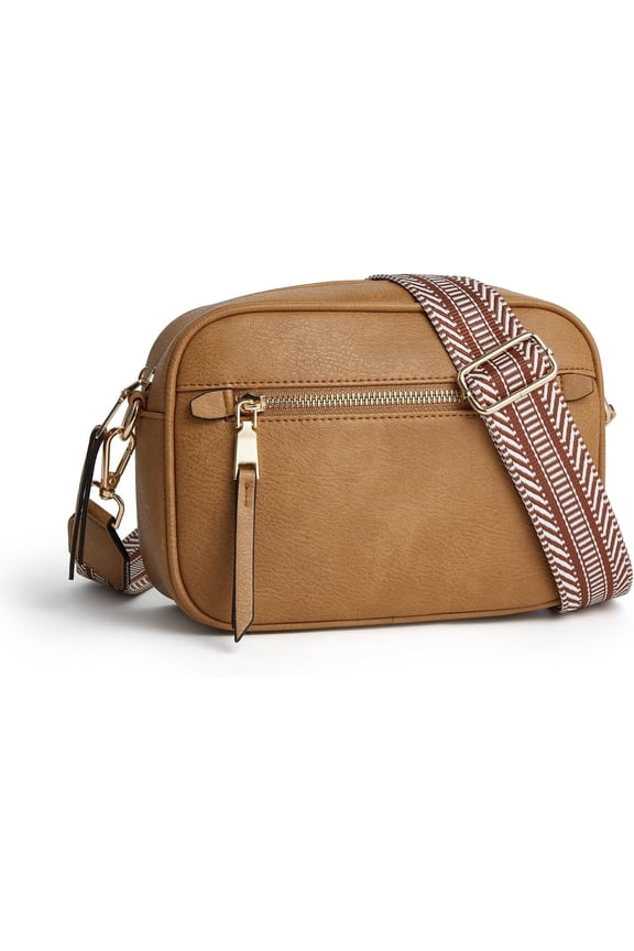 Small Crossbody Bag for Women Triple Pockets Vegan Leather Camera Purse with Long Guitar Strap