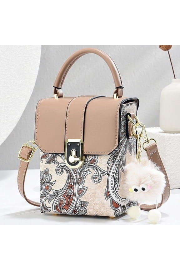 Small Crossbody Bag with Cute Plush Pendant for Women, Embroidery PU Leather Mini Phone Purses, Khaki