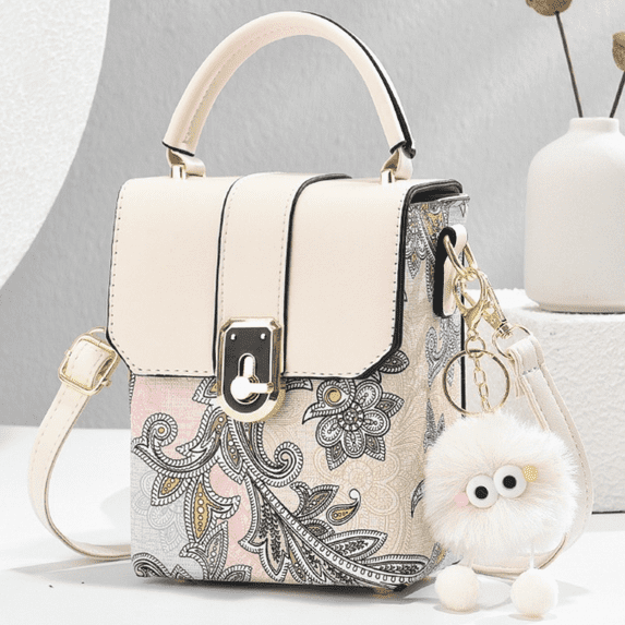 Small Crossbody Bag with Cute Plush Pendant for Women, Embroidery PU Leather Mini Phone Purses, White