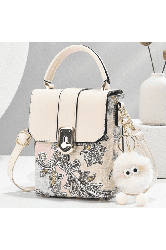 Small Crossbody Bag with Cute Plush Pendant for Women, Embroidery PU Leather Mini Phone Purses, White