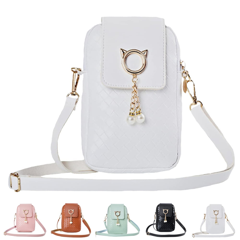PU Leather Phone Purse, Small Crossbody Bag Mini Cell Phone Pouch Shoulder  Bag with Strap-White 