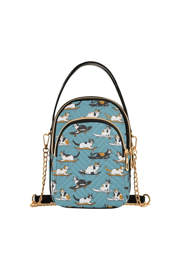 Small Crossbody Bags for Women Cat Skateboard Calico Cute Cell Phone Wallet Multi Zipper Pockets Purse Handbag