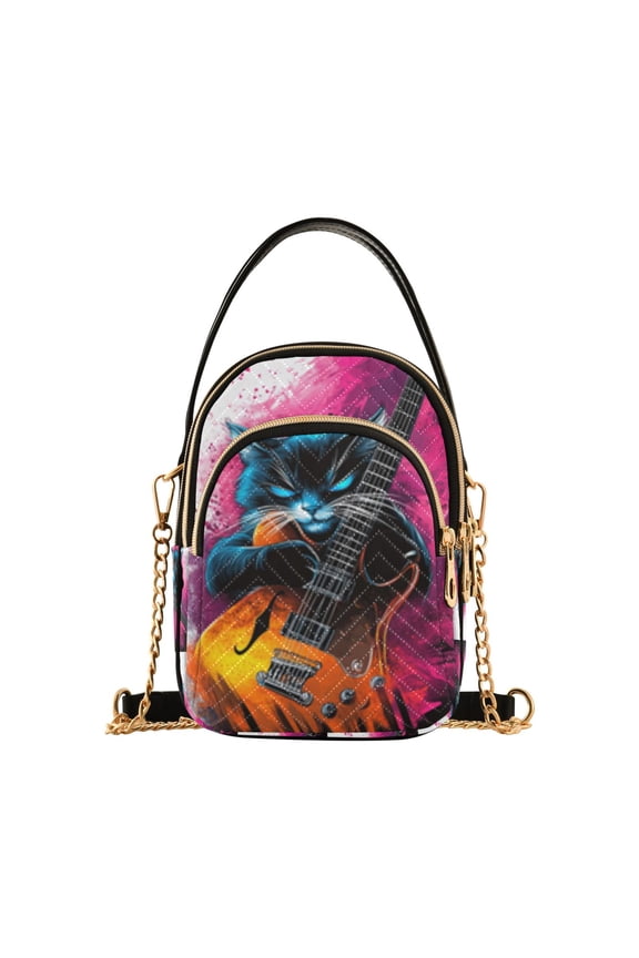 Small Crossbody Bags for Women Cool Cat Playing Guitar Cute Cell Phone Wallet Multi Zipper Pockets Purse Handbag