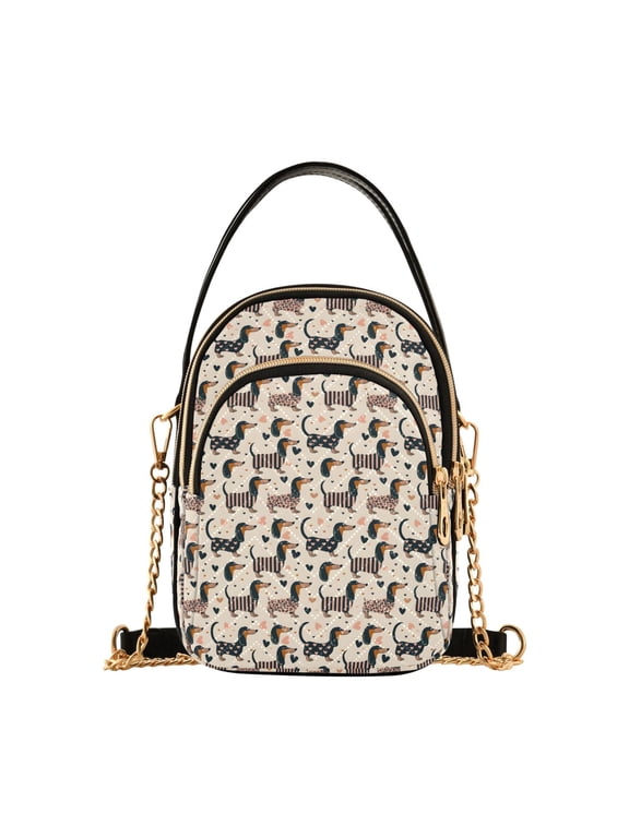 Women's Dachshund Print Crossbody Shoulder Bag Handbag with Multi Zipper Phone Pockets