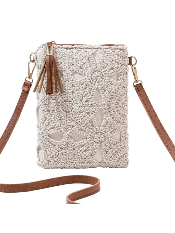 Small Crossbody Bags for Women, Summer Boho Crossbody Phone Purse, PU Leather Crochet Crossbody Beach Bag