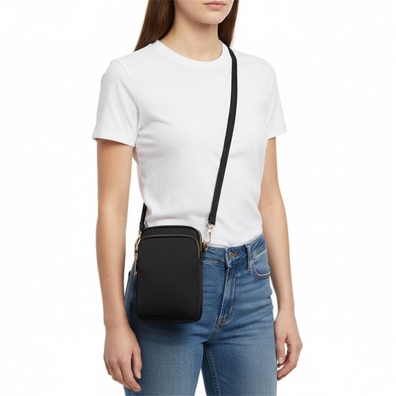 Small Crossbody Cell Phone Purse for Women, Waterproof Nylon Mini Shoulder Bag with 3 Zipper Pockets, Adjustable Strap, Lightweight Phone Wallet(Black)