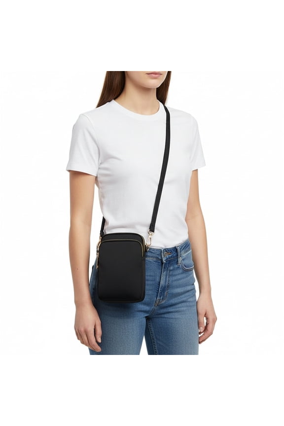 Small Crossbody Cell Phone Purse for Women, Waterproof Nylon Mini Shoulder Bag with 3 Zipper Pockets, Adjustable Strap, Lightweight Phone Wallet(Black)