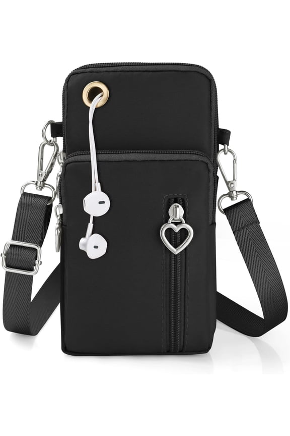 Small Crossbody Wallet Phone Bag, Nylon Cell Phone Purse, Travel Crossbody Bag Cell Phone Bag Arm Bag Mini Wallet Purse, with Headphone Port (Black)