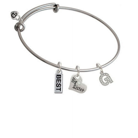 Small Crystal Initial - G - Big Sister Heart Expandable Bangle Bracelet