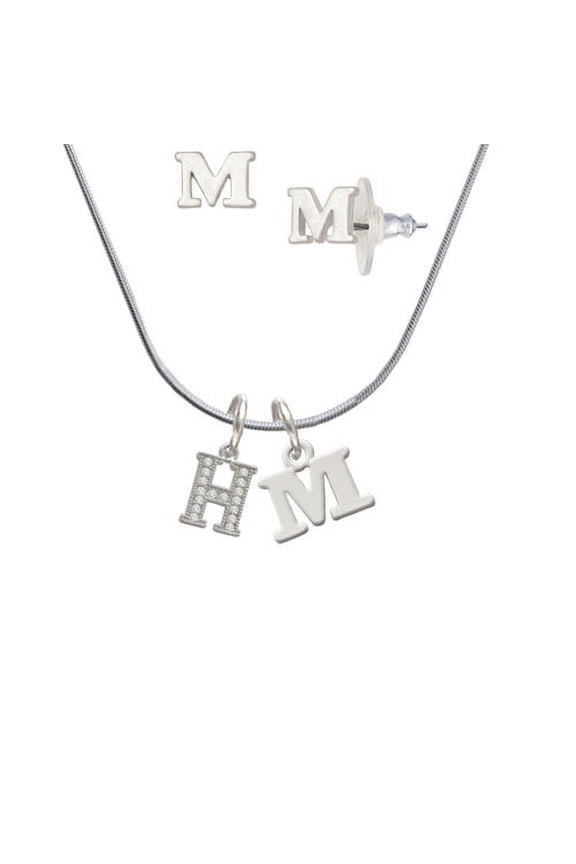 Small Crystal Initial - H - - M Initial Charm Necklace and Stud Earrings Jewelry Set