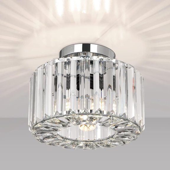 Small Crystal Semi Flush Mount Ceiling Light Fixture for Hallway Bathroom Kitchen Entryway 9.05 Inch Chrome
