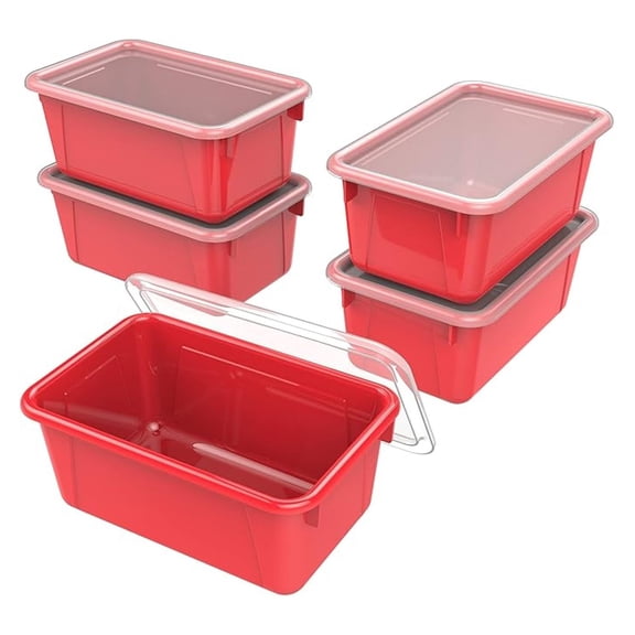 Small Cubby Bins Plastic Storage Containers for Classroom with Non-Snap Lid, 12.2 x 7.8 x 5.1 inches, Red, (62407U05C) (Pack of 5)