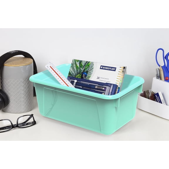 Small Cubby Bins – Plastic Storage Containers for Classroom with Non-Snap Lid, 12.2 x 7.8 x 5.1 inches, Teal, 5-Pack (62412A05C)