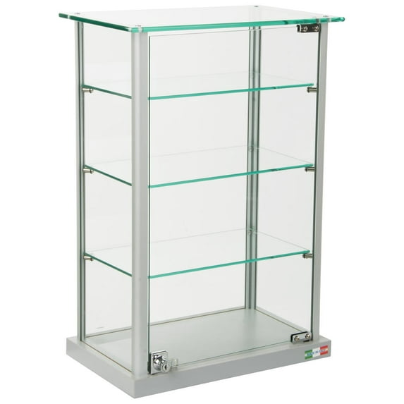 Small Curio Cabinet, Free Standing Glass Display Shelf, Adjustable, Aluminum (Silver Base) (146ANTSV)