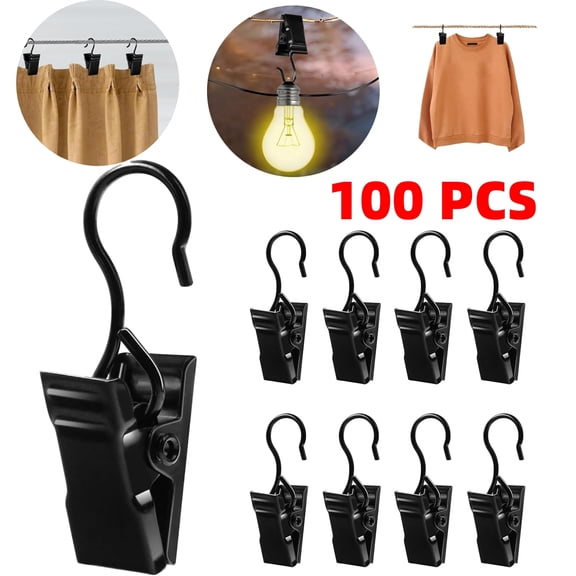 Small Curtain Clips for Hanging - 100 Pcs Black Outdoor Light Clips Hooks for Christmas String Lights, Outside Hangers for Awning Patio Metal Proof, Drape Track